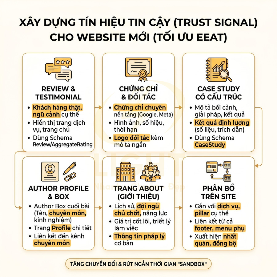 Checklist xây dựng tín hiệu tin cậy E-E-A-T cho website mới với review, chứng chỉ, case study và trang giới thiệu