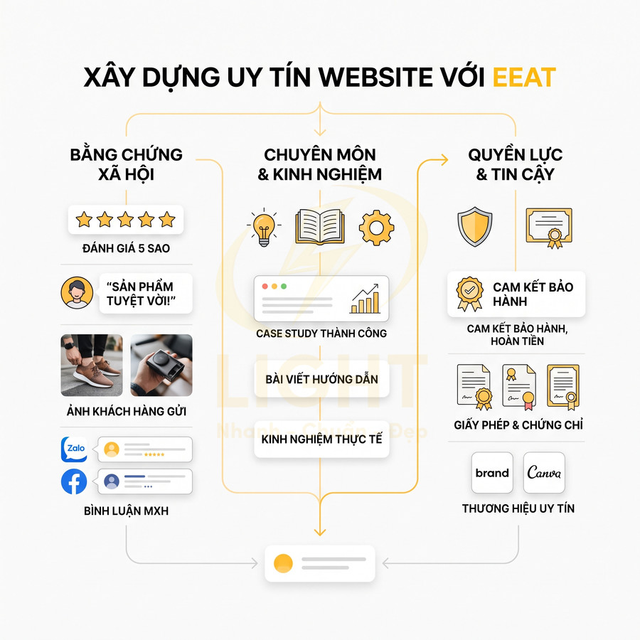 Xây dựng uy tín website với EEAT qua bằng chứng xã hội, chuyên môn kinh nghiệm và quyền lực tin cậy