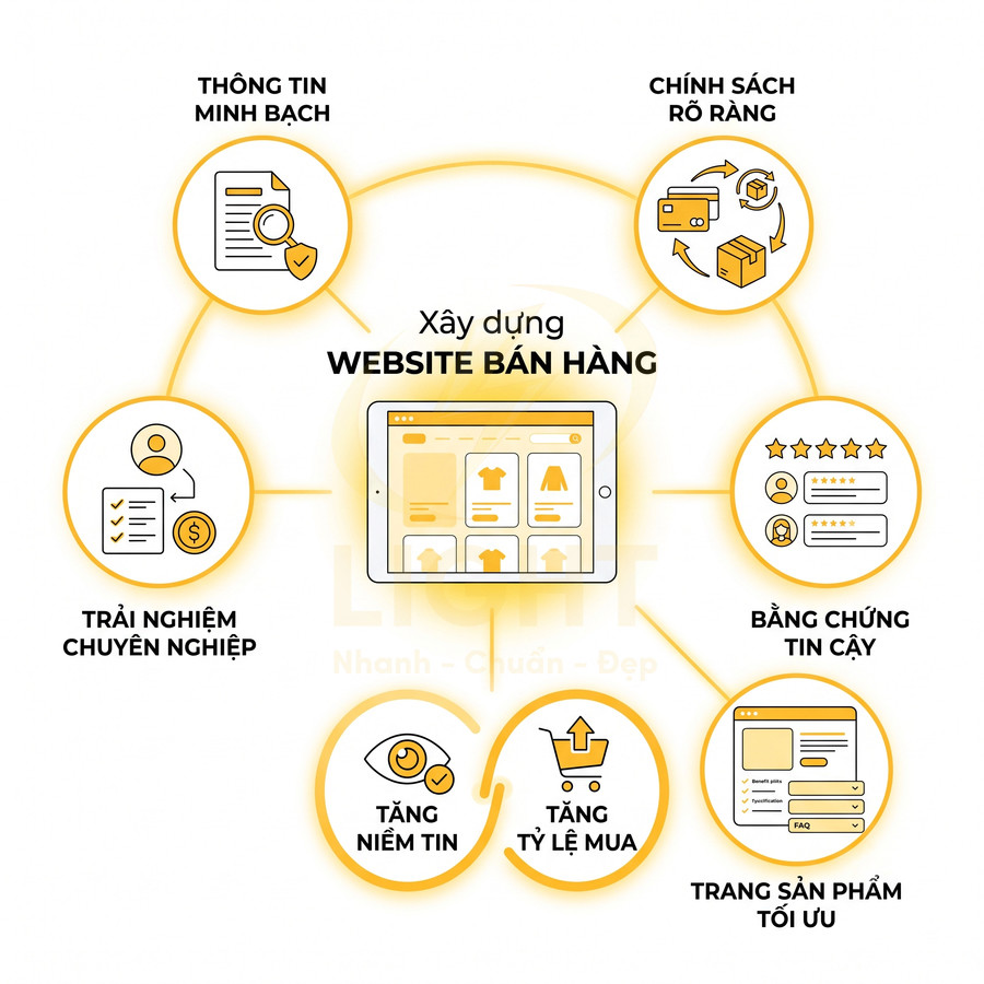 Lợi ích xây dựng website bán hàng với giao diện sản phẩm, chính sách rõ ràng và trải nghiệm mua sắm chuyên nghiệp