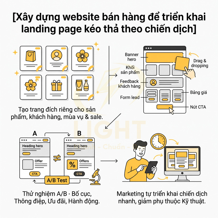 Hướng dẫn xây dựng website bán hàng với landing page kéo thả, A/B test và tối ưu chiến dịch marketing