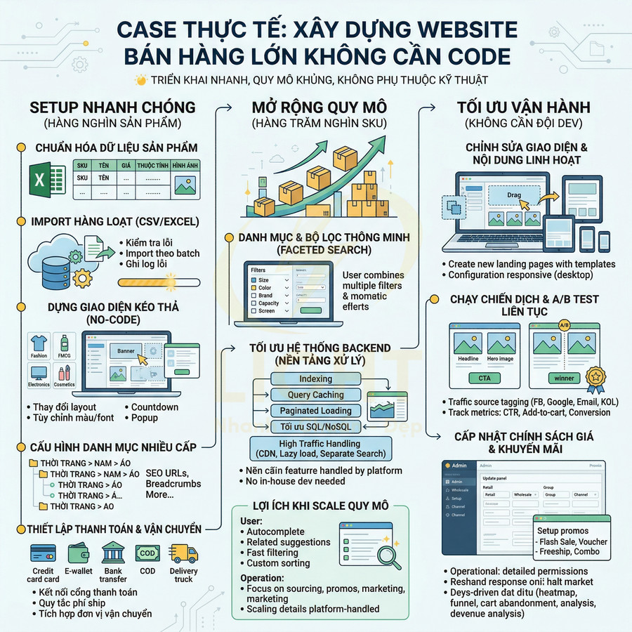 Infographic quy trình xây dựng website bán hàng lớn không cần code với các bước setup, mở rộng quy mô và tối ưu vận hành