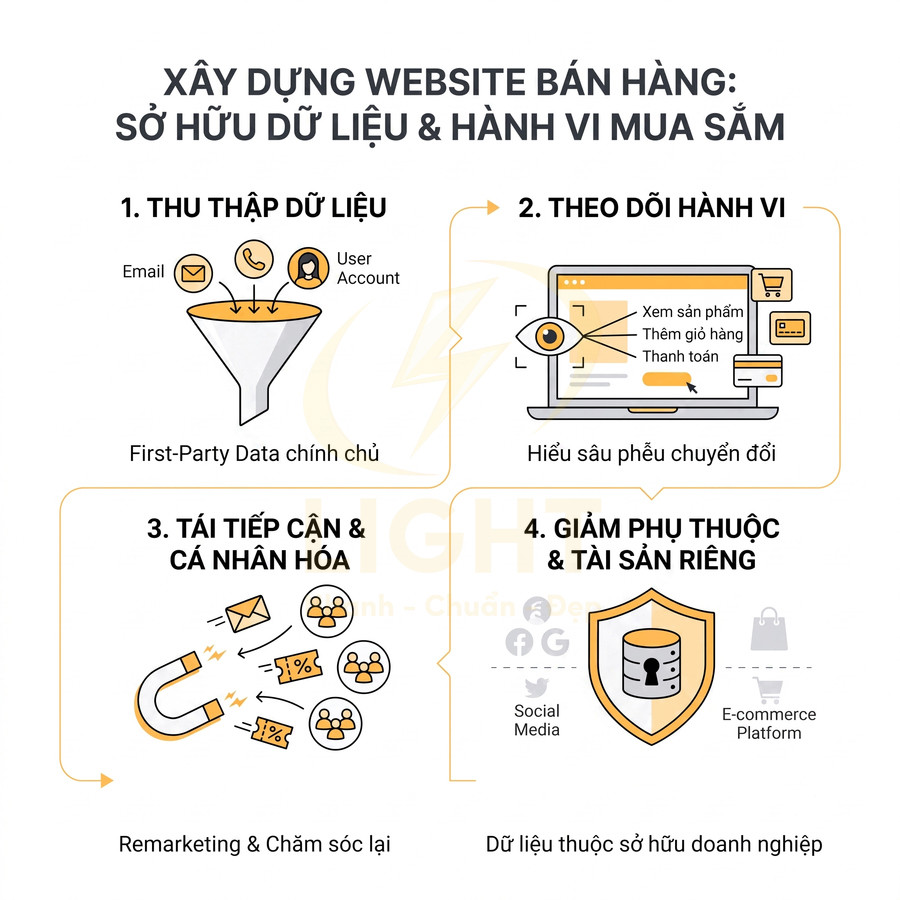 Quy trình xây dựng website bán hàng với thu thập dữ liệu, theo dõi hành vi, cá nhân hóa và sở hữu dữ liệu doanh nghiệp