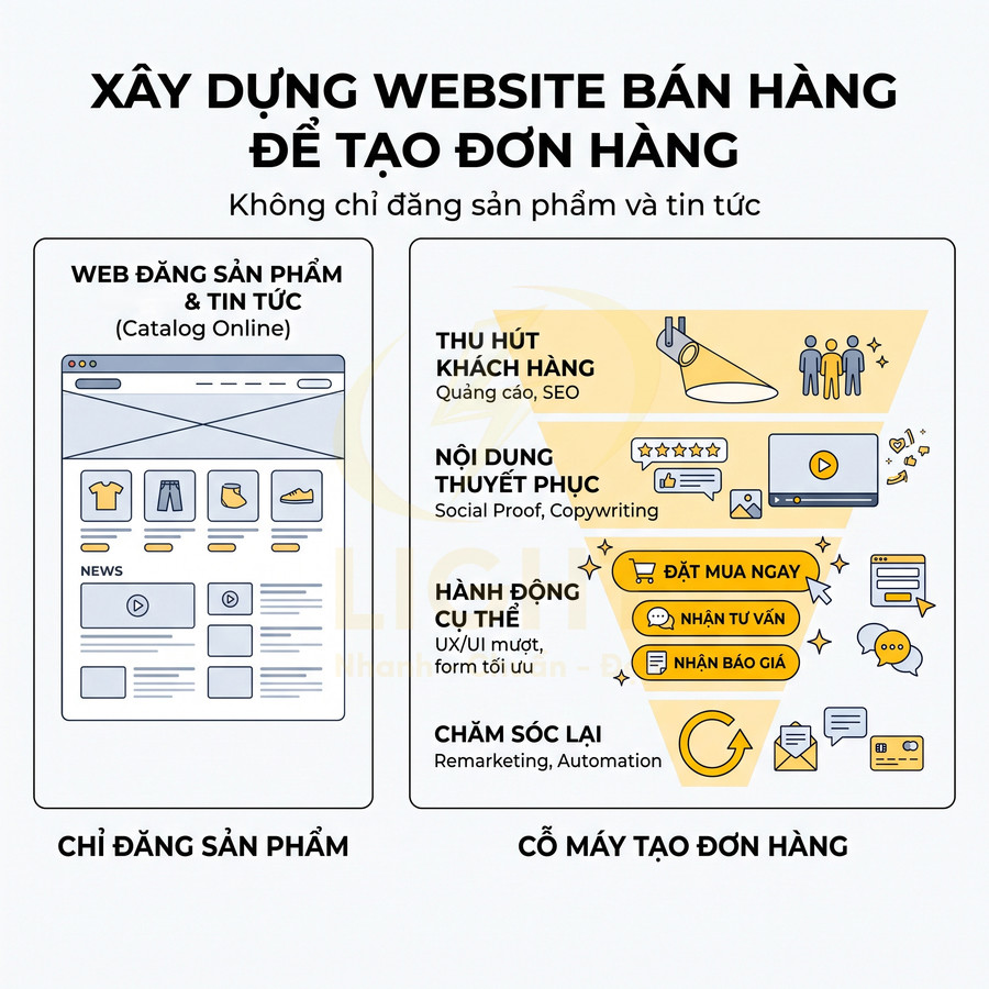 Minh họa quy trình xây dựng website bán hàng tối ưu chuyển đổi từ đăng sản phẩm đến chăm sóc khách hàng
