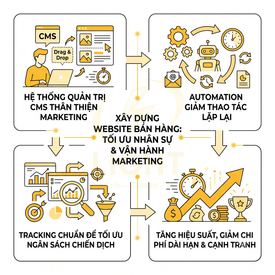 Mô hình giải pháp xây dựng website bán hàng tối ưu marketing với CMS thân thiện, automation và tracking chiến dịch