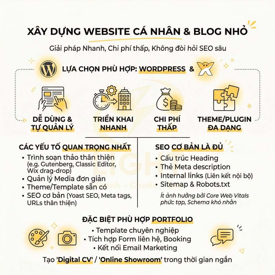 Infographic hướng dẫn xây dựng website cá nhân và blog nhỏ bằng WordPress, nêu ưu điểm chi phí thấp và dễ SEO
