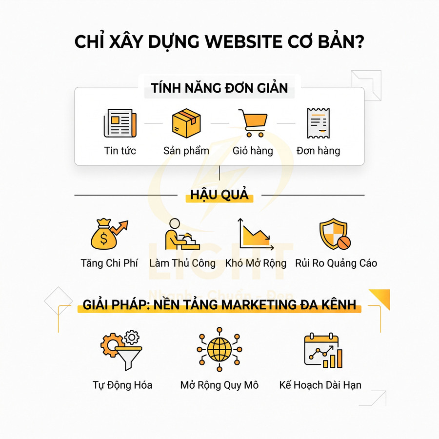 Infographic so sánh website cơ bản và giải pháp nền tảng marketing đa kênh với các tính năng và lợi ích chính