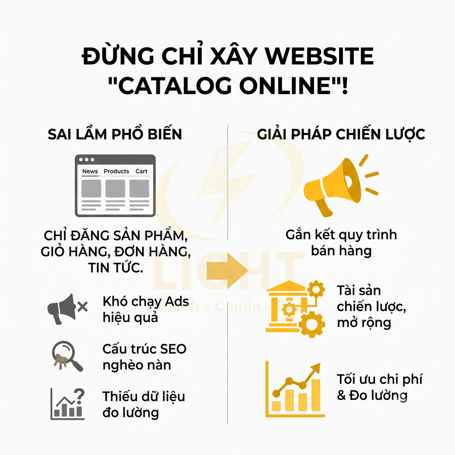 Thiết kế so sánh sai lầm xây website catalog online và giải pháp chiến lược tối ưu bán hàng, SEO, đo lường