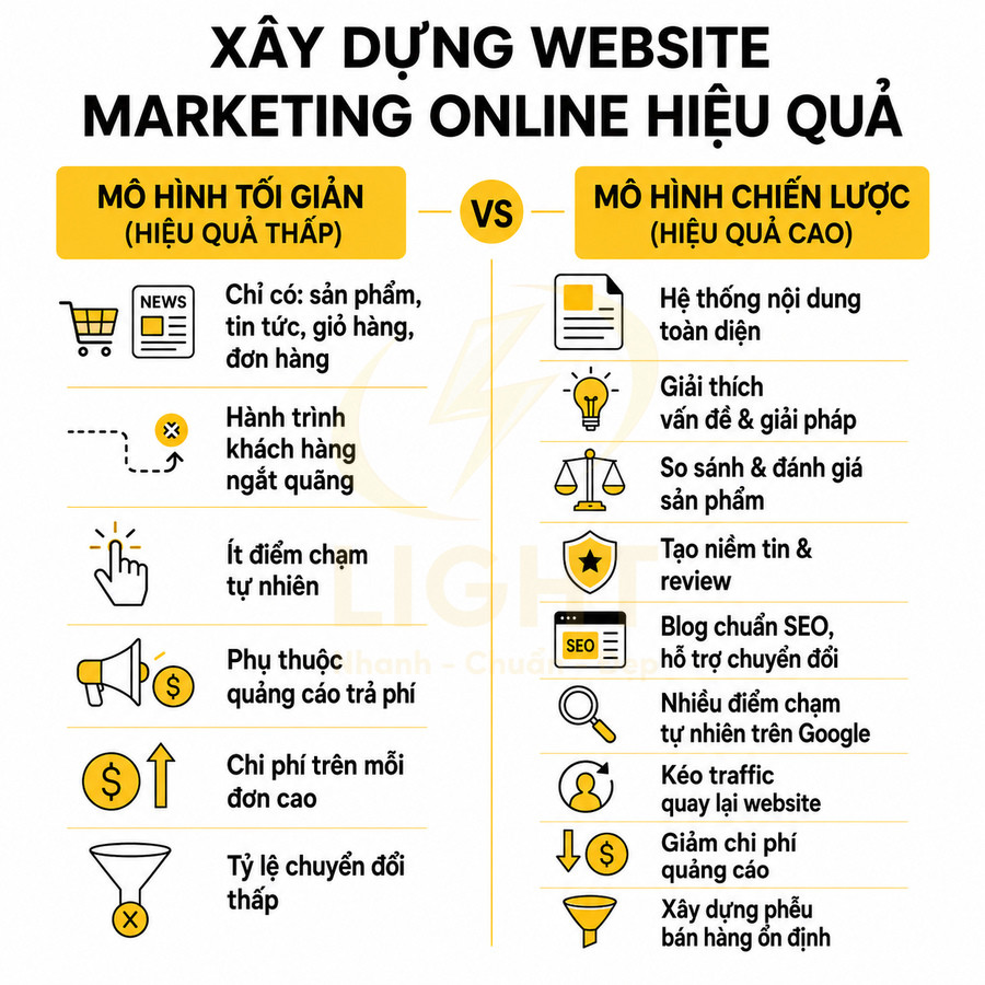 So sánh mô hình website tối giản và mô hình chiến lược để xây dựng marketing online hiệu quả