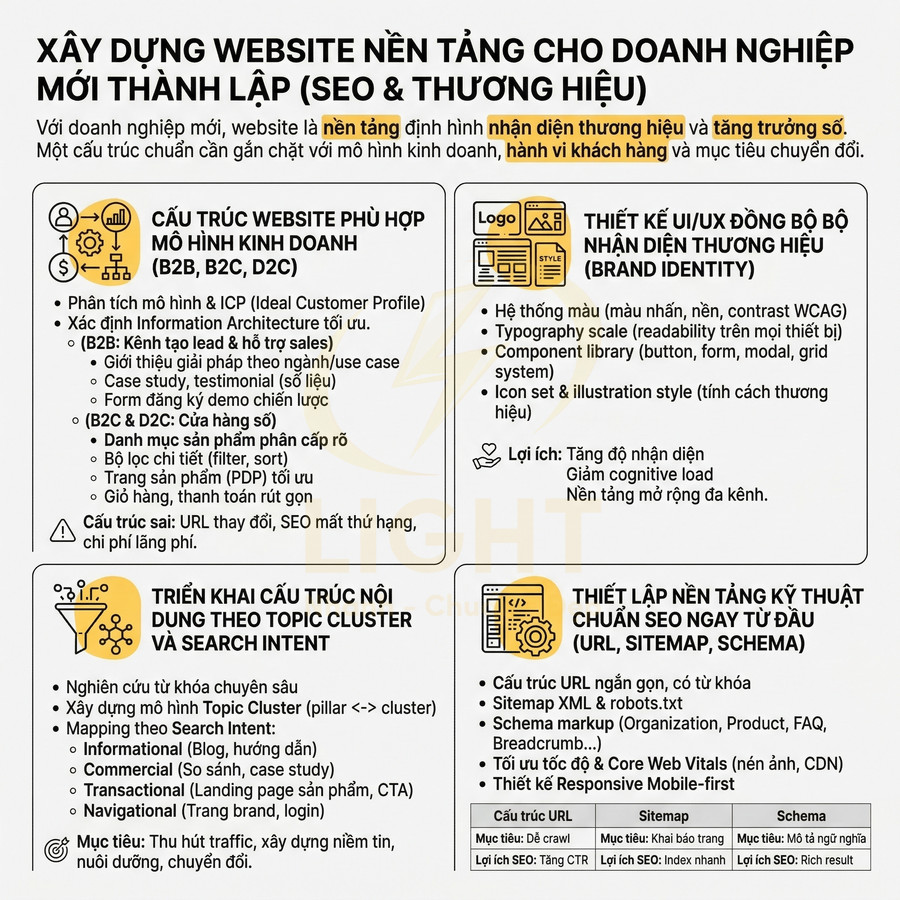 Infographic hướng dẫn xây dựng website chuẩn SEO cho doanh nghiệp mới, tập trung cấu trúc, nội dung, kỹ thuật và nhận diện thương hiệu