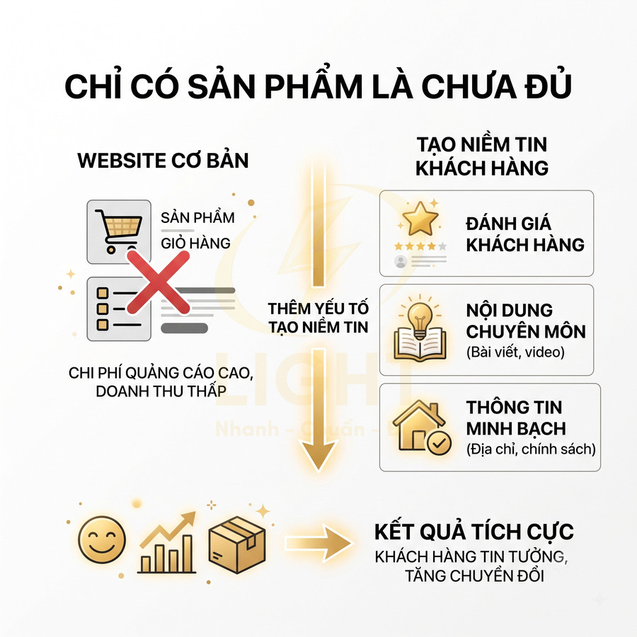 Mô hình website bán hàng thêm đánh giá, nội dung chuyên môn, thông tin minh bạch để tăng niềm tin và chuyển đổi khách hàng