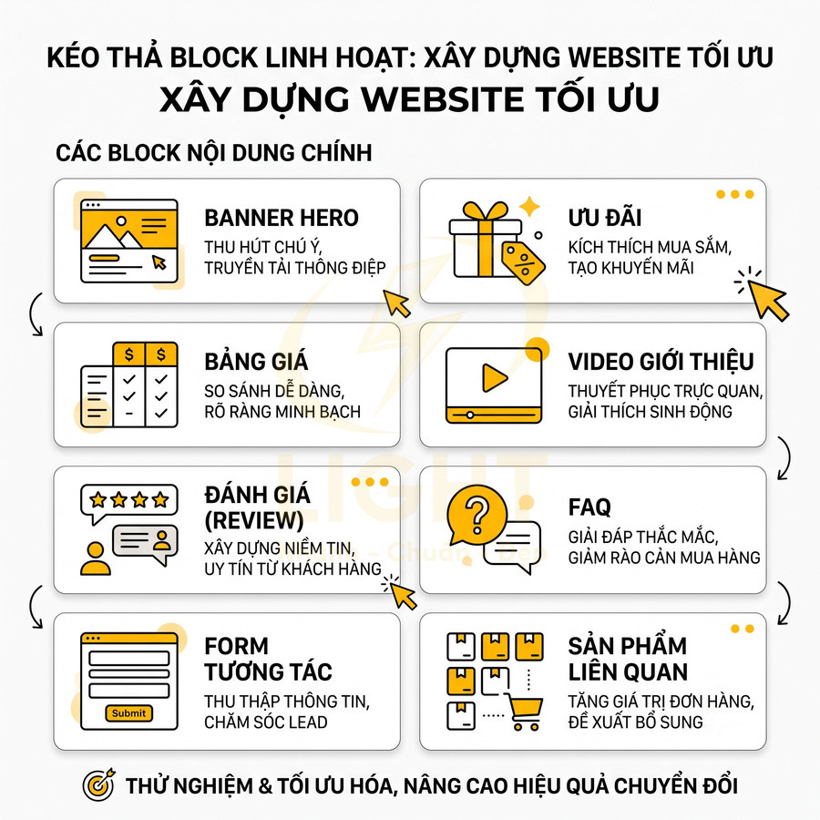 Infographic các block nội dung chính giúp xây dựng website tối ưu và tăng hiệu quả chuyển đổi