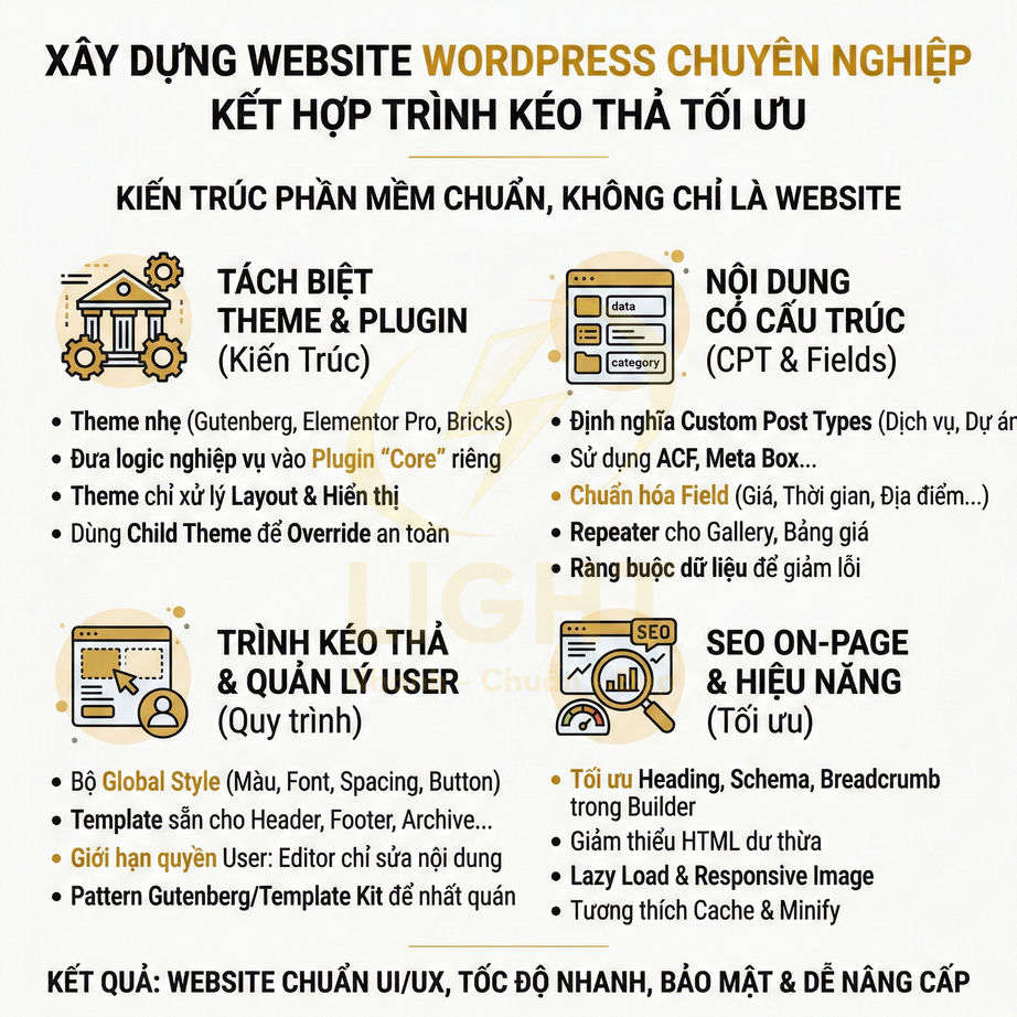 Hướng dẫn xây dựng website WordPress chuyên nghiệp với trình kéo thả, tách biệt theme plugin và tối ưu SEO onpage
