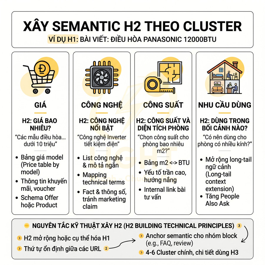 Hướng dẫn xây semantic H2 theo cluster cho bài viết điều hòa Panasonic 12000BTU với các nhóm giá, công nghệ, công suất, nhu cầu dùng