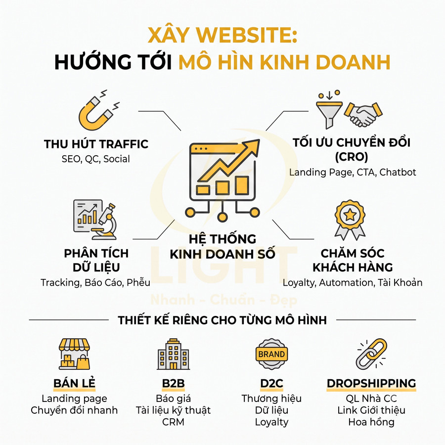 Sơ đồ xây website hướng tới mô hình kinh doanh số với thu hút traffic, CRO, phân tích dữ liệu và chăm sóc khách hàng