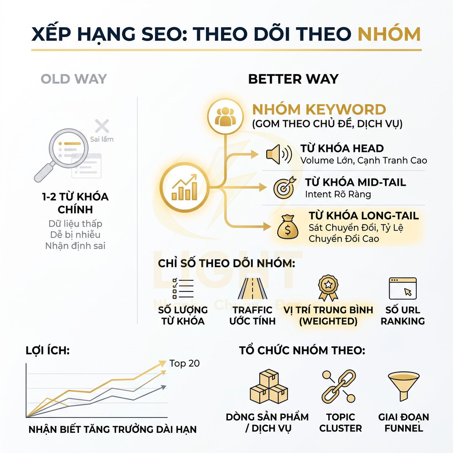 Infographic hướng dẫn xếp hạng SEO bằng cách theo dõi nhóm keyword head mid tail long tail và các chỉ số traffic chuyển đổi