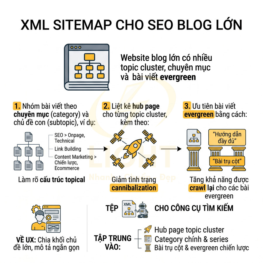 Hướng dẫn tạo XML sitemap cho SEO blog lớn với topic cluster, hub page và ưu tiên bài viết evergreen