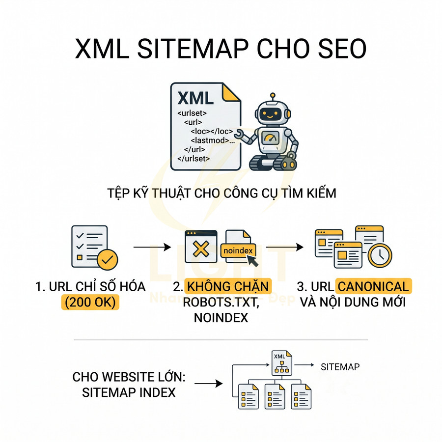 Hướng dẫn tối ưu XML sitemap cho SEO với robot minh họa và các bước URL index, không chặn, URL canonical