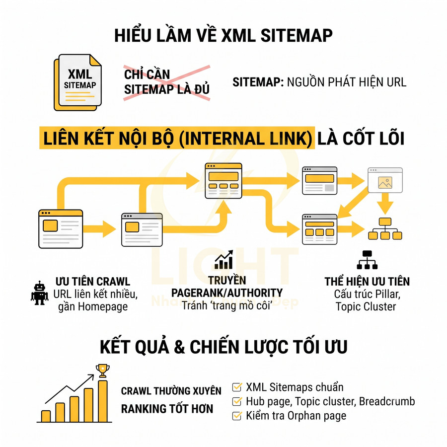 Infographic về hiểu lầm XML sitemap và tầm quan trọng của liên kết nội bộ trong chiến lược SEO website