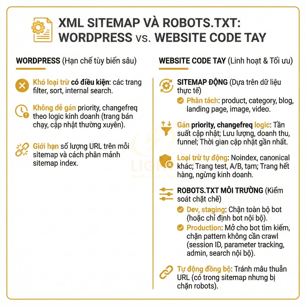 So sánh XML sitemap và robots.txt giữa website WordPress và website code tay cho tối ưu SEO