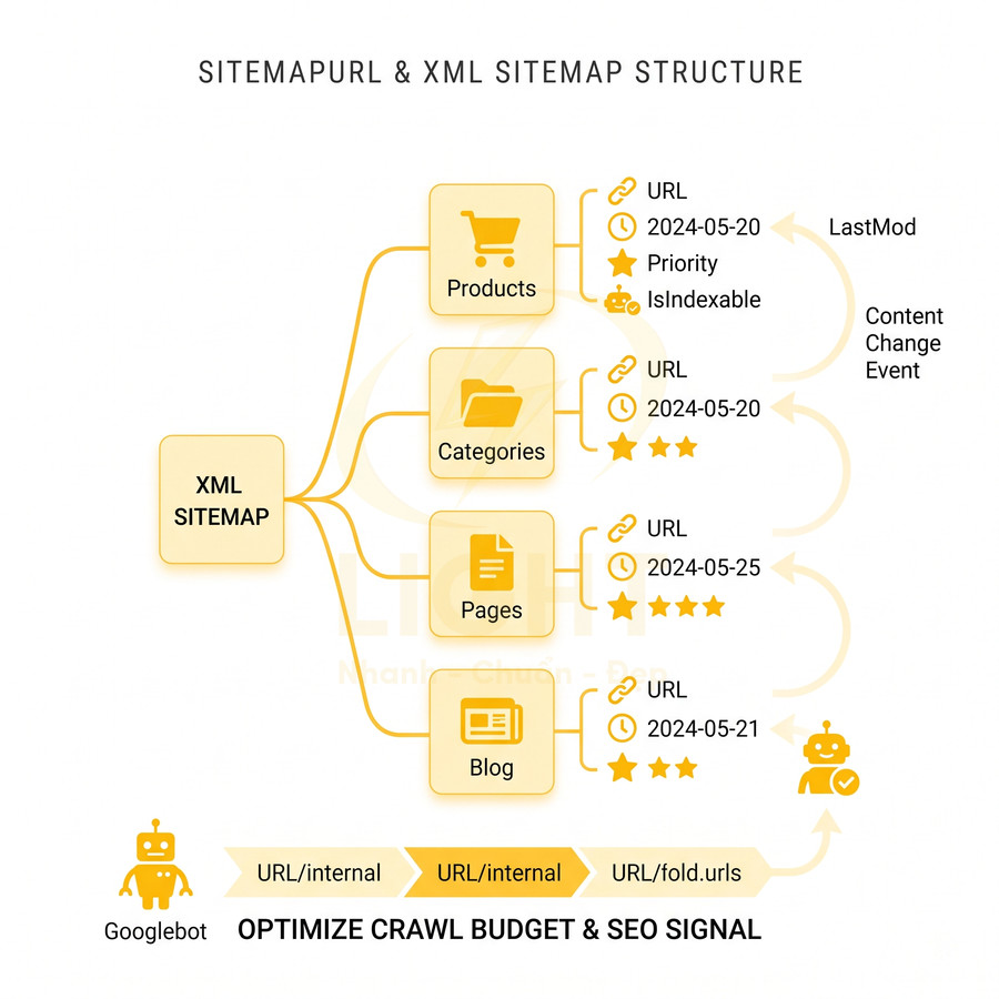 Sơ đồ cấu trúc sitemap XML cho Products Categories Pages Blog tối ưu crawl budget và tín hiệu SEO