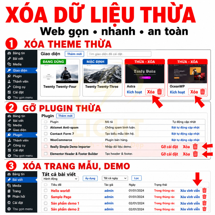 Hướng dẫn xóa theme, plugin và trang demo thừa trong WordPress để tối ưu website gọn nhẹ