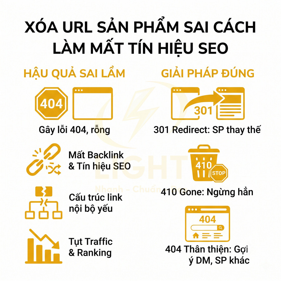Infographic hướng dẫn xử lý xóa URL sản phẩm đúng cách với 301 redirect, 410 gone và 404 thân thiện để giữ tín hiệu SEO