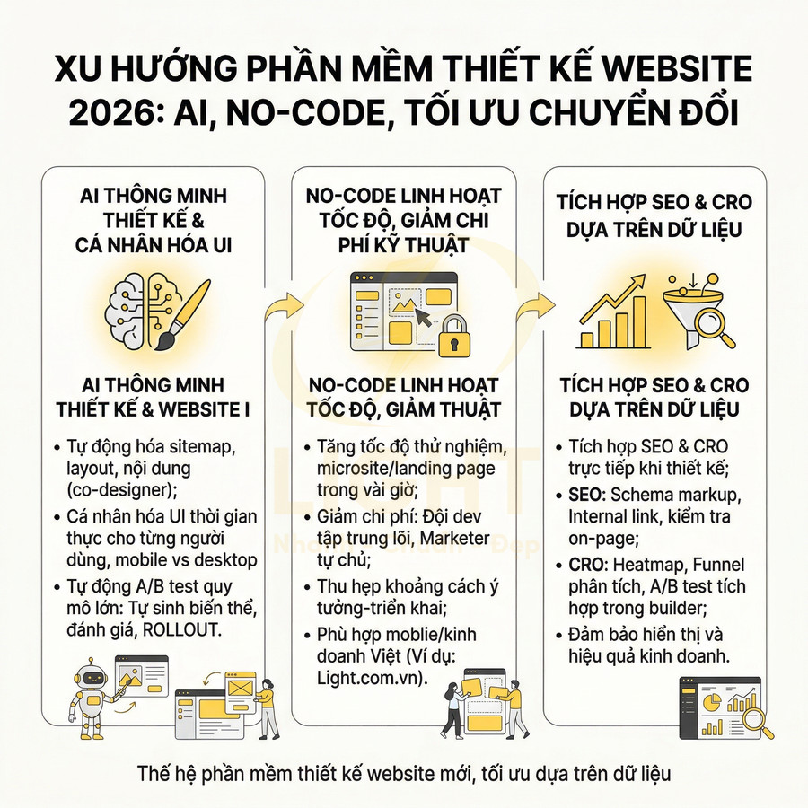 Xu hướng phần mềm thiết kế website 2026 với AI, no code và tối ưu SEO CRO dựa trên dữ liệu