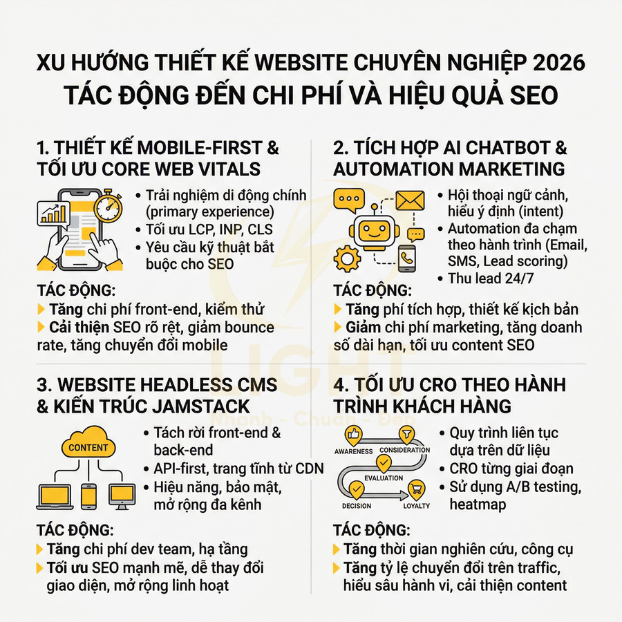 Infographic xu hướng thiết kế website chuyên nghiệp 2026 và tác động đến chi phí, hiệu quả SEO