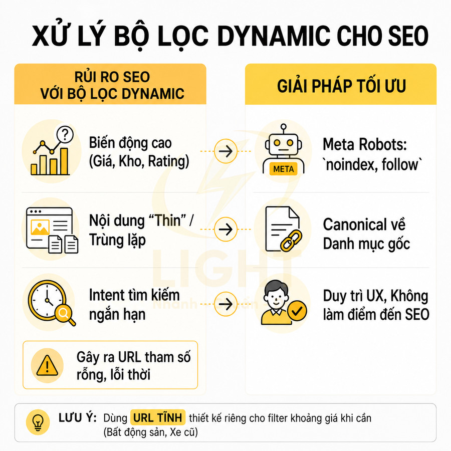 Infographic xử lý bộ lọc dynamic cho SEO, liệt kê rủi ro và giải pháp tối ưu như meta robots và canonical