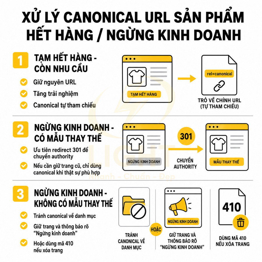 Hướng dẫn xử lý canonical URL cho sản phẩm hết hàng hoặc ngừng kinh doanh trong SEO website bán hàng