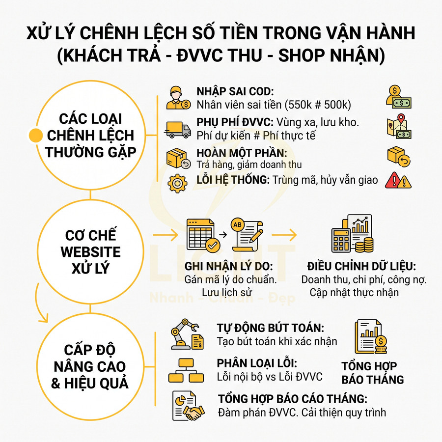 Infographic quy trình xử lý chênh lệch tiền trong vận hành giao hàng và thanh toán cho shop online