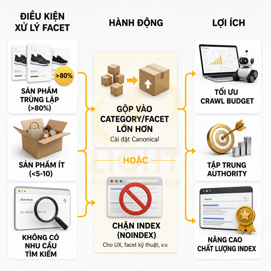 Sơ đồ xử lý facet sản phẩm trùng lặp hoặc ít sản phẩm để gộp category hoặc chặn index tối ưu SEO