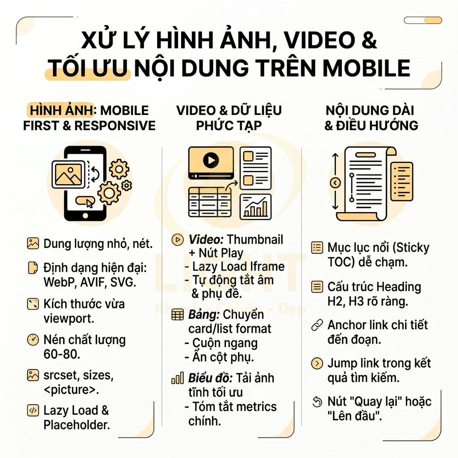 Hướng dẫn tối ưu hình ảnh video và nội dung dài trên mobile với minh họa smartphone và biểu đồ