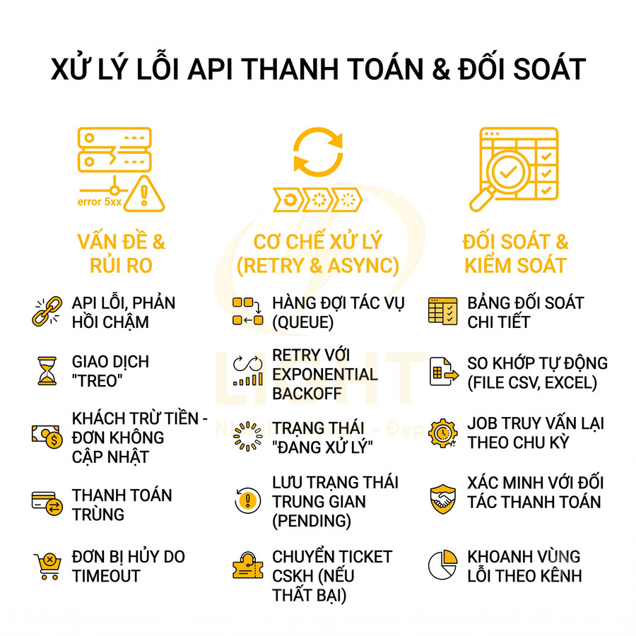Sơ đồ xử lý lỗi API thanh toán và đối soát với các vấn đề rủi ro, cơ chế retry async và kiểm soát chi tiết