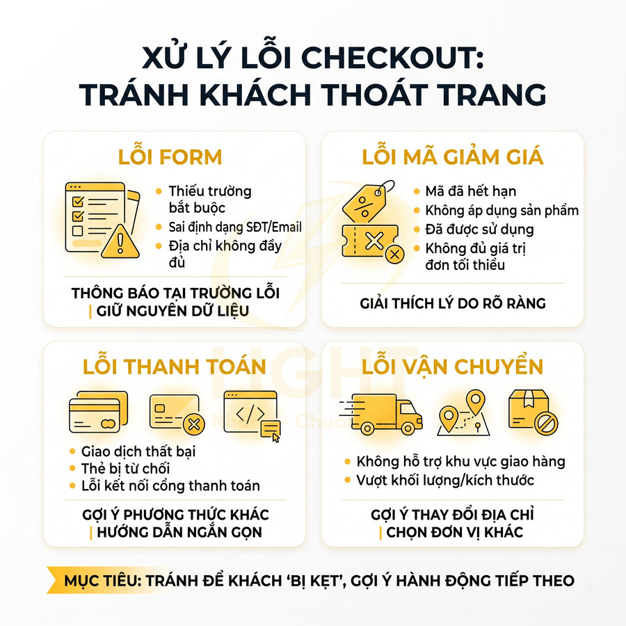 Infographic hướng dẫn xử lý lỗi checkout gồm lỗi form, mã giảm giá, thanh toán và vận chuyển để tránh khách thoát trang