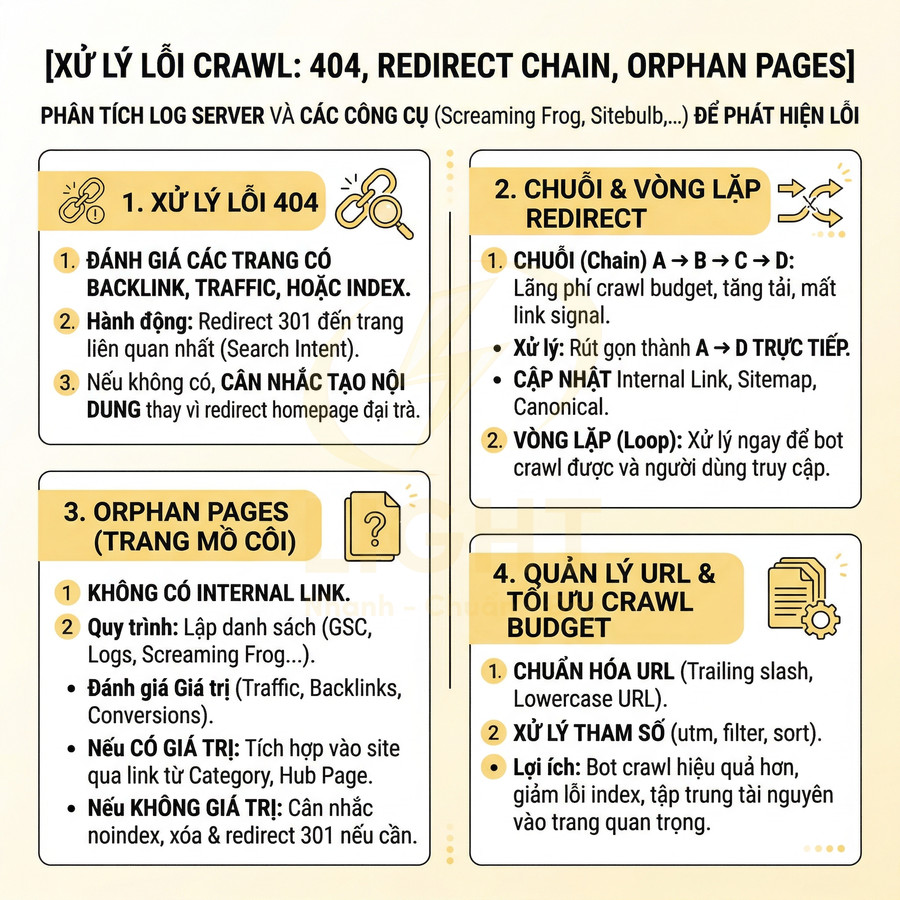 Hướng dẫn xử lý lỗi crawl 404, redirect chain, orphan pages và tối ưu crawl budget trong SEO technical