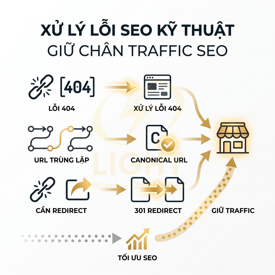 Quy trình xử lý lỗi SEO kỹ thuật với 404, URL trùng lặp, 301 redirect và canonical URL để giữ traffic