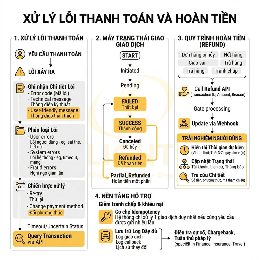 Sơ đồ quy trình xử lý lỗi thanh toán và hoàn tiền giao dịch trực tuyến bằng tiếng Việt