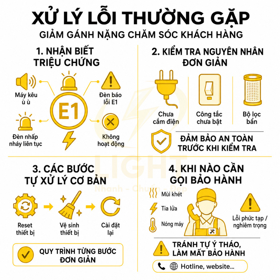 Hướng dẫn xử lý lỗi thường gặp cho thiết bị điện, cách nhận biết lỗi E1, kiểm tra nguyên nhân và khi cần gọi bảo hành