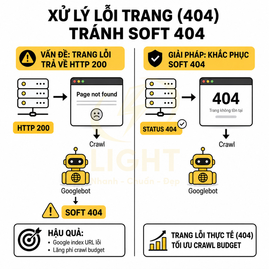 Hướng dẫn xử lý lỗi trang 404 tránh soft 404 và tối ưu crawl budget cho website SEO