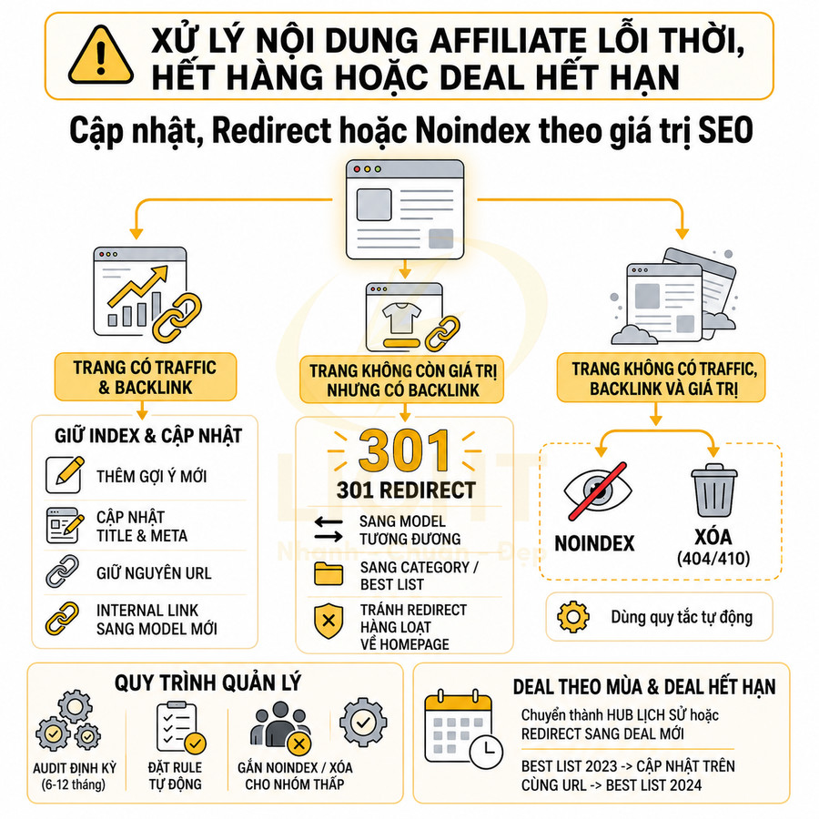 Infographic hướng dẫn xử lý nội dung affiliate lỗi thời hết hàng hoặc deal hết hạn tối ưu SEO