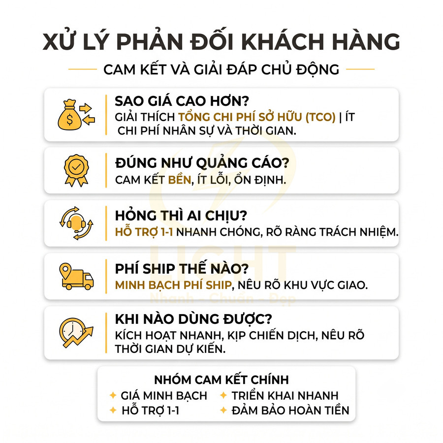 Nội dung xử lý phản đối khách hàng với các cam kết về giá, chất lượng, hỗ trợ, phí ship và thời gian triển khai
