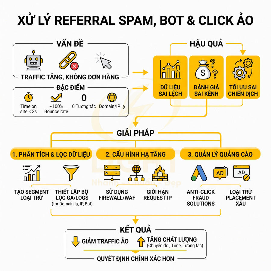 Quy trình xử lý referral spam bot và click ảo trong quảng cáo online, nêu vấn đề giải pháp và kết quả