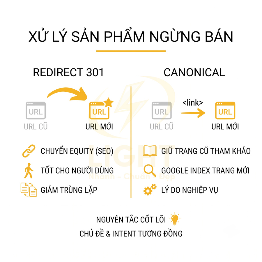 Hướng dẫn xử lý sản phẩm ngừng bán bằng redirect 301 và thẻ canonical tối ưu SEO cho URL mới
