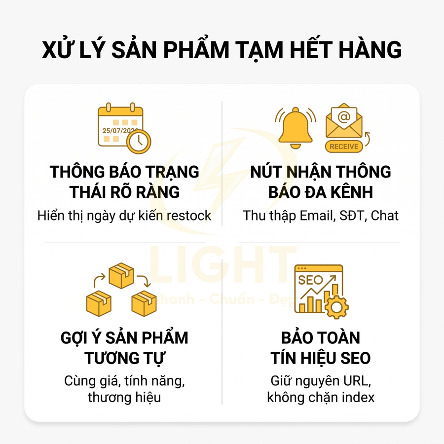 Giải pháp xử lý sản phẩm tạm hết hàng với thông báo restock, nút nhận thông báo, gợi ý sản phẩm tương tự, giữ tín hiệu SEO
