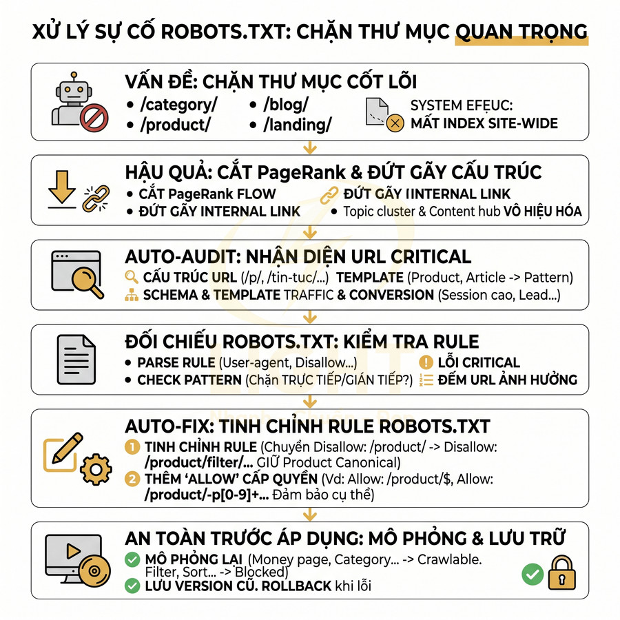 Quy trình xử lý sự cố robots.txt chặn thư mục quan trọng và tối ưu cấu trúc SEO website