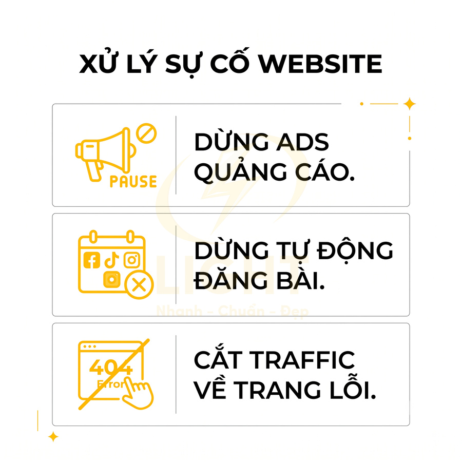 Hướng dẫn xử lý sự cố website với các bước dừng quảng cáo, dừng tự động đăng bài và cắt traffic về trang lỗi