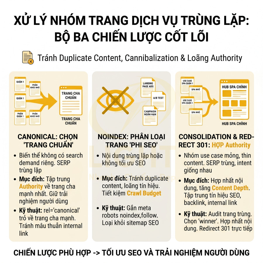 Hướng dẫn xử lý nhóm trang dịch vụ trùng lặp với 3 chiến lược SEO canonical, noindex và redirect 301