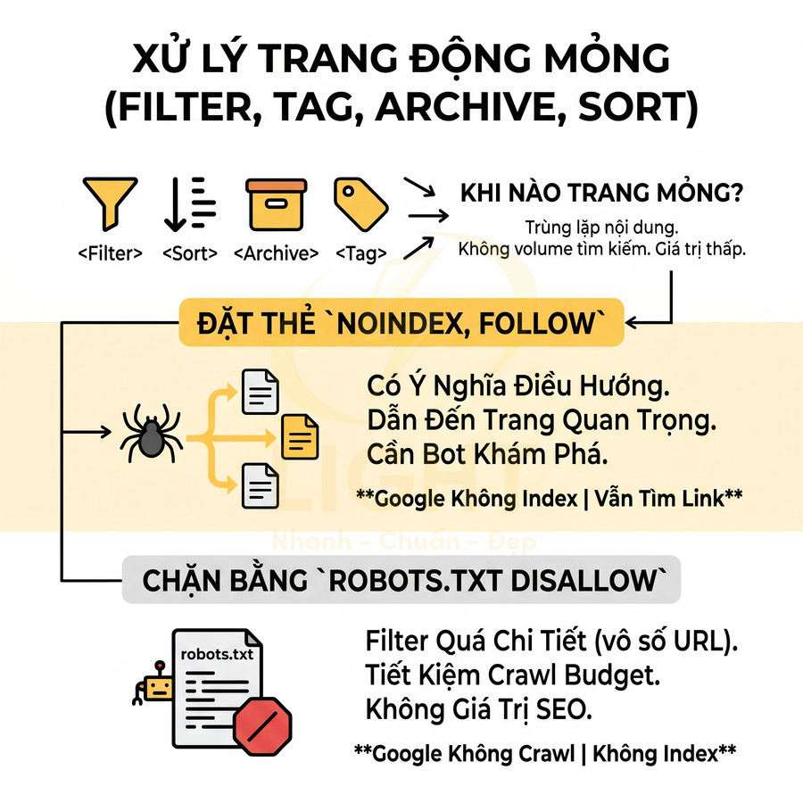 Hướng dẫn xử lý trang động mỏng trong SEO với thẻ noindex follow và chặn robots.txt