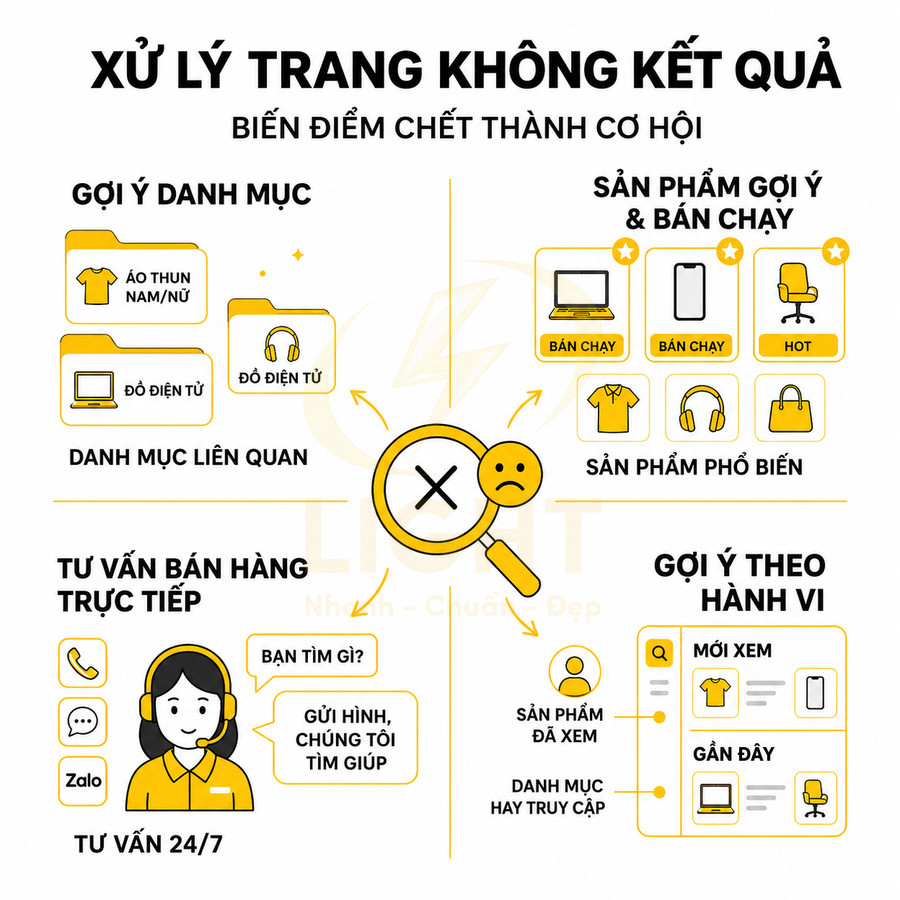 Infographic xử lý trang không kết quả với gợi ý danh mục, sản phẩm bán chạy và tư vấn bán hàng trực tiếp